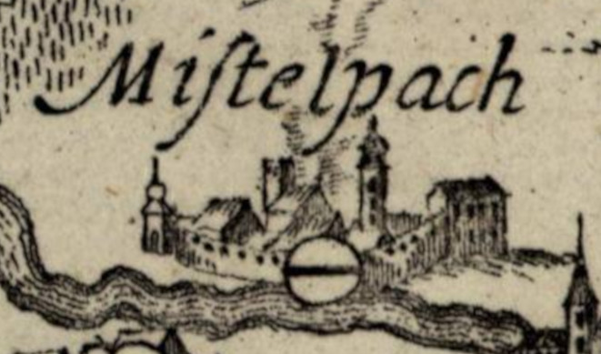 So wird Mistelbach auf Vischers Karte dargestellt. Der durchbrochene weiße Kreis zeigt laut Legende an, dass es sich um einen "Markt", also einen Ort mit Marktrecht handelt. Unterhalb Mistelbachs verläuft die Zaya. Mit den tatsächlichen Gegebenheiten ist diese Darstellung nicht in Einklang zu bringen.